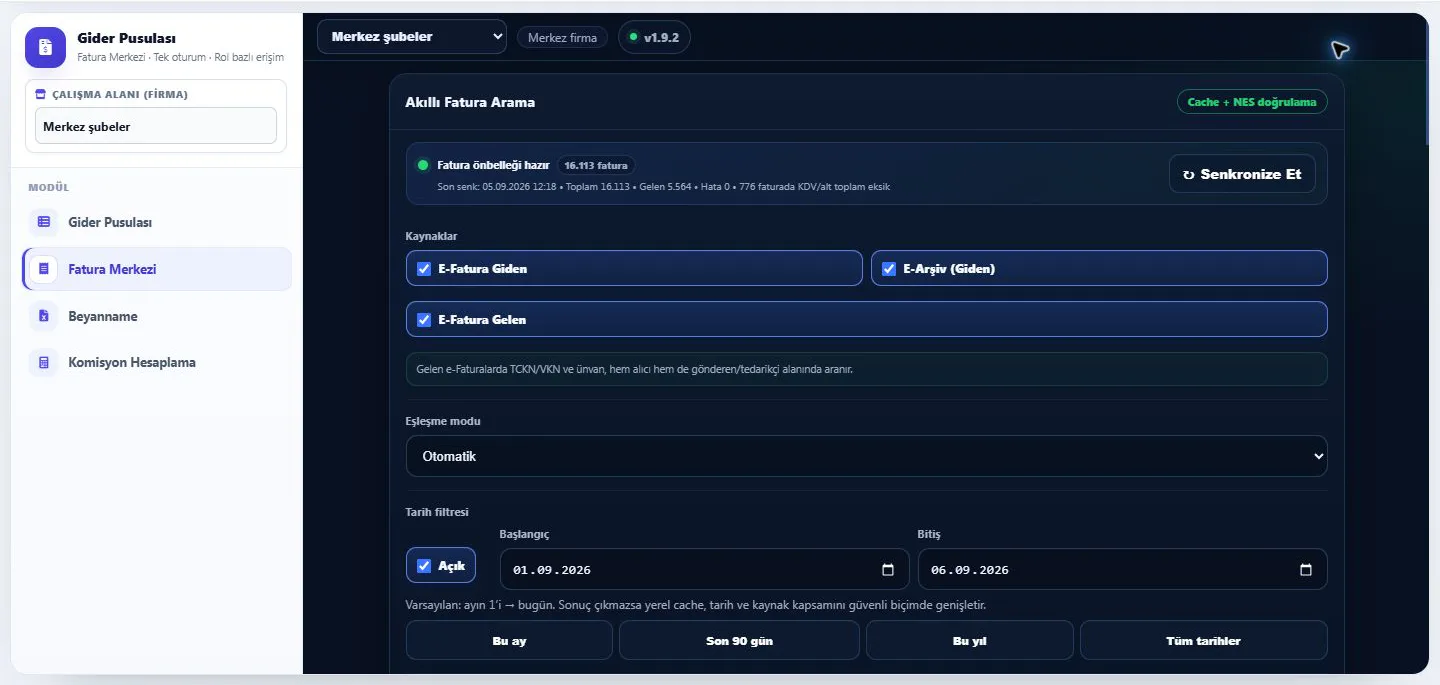 Invoice control interface with source selection, cache and NES verification, matching mode and date filters.