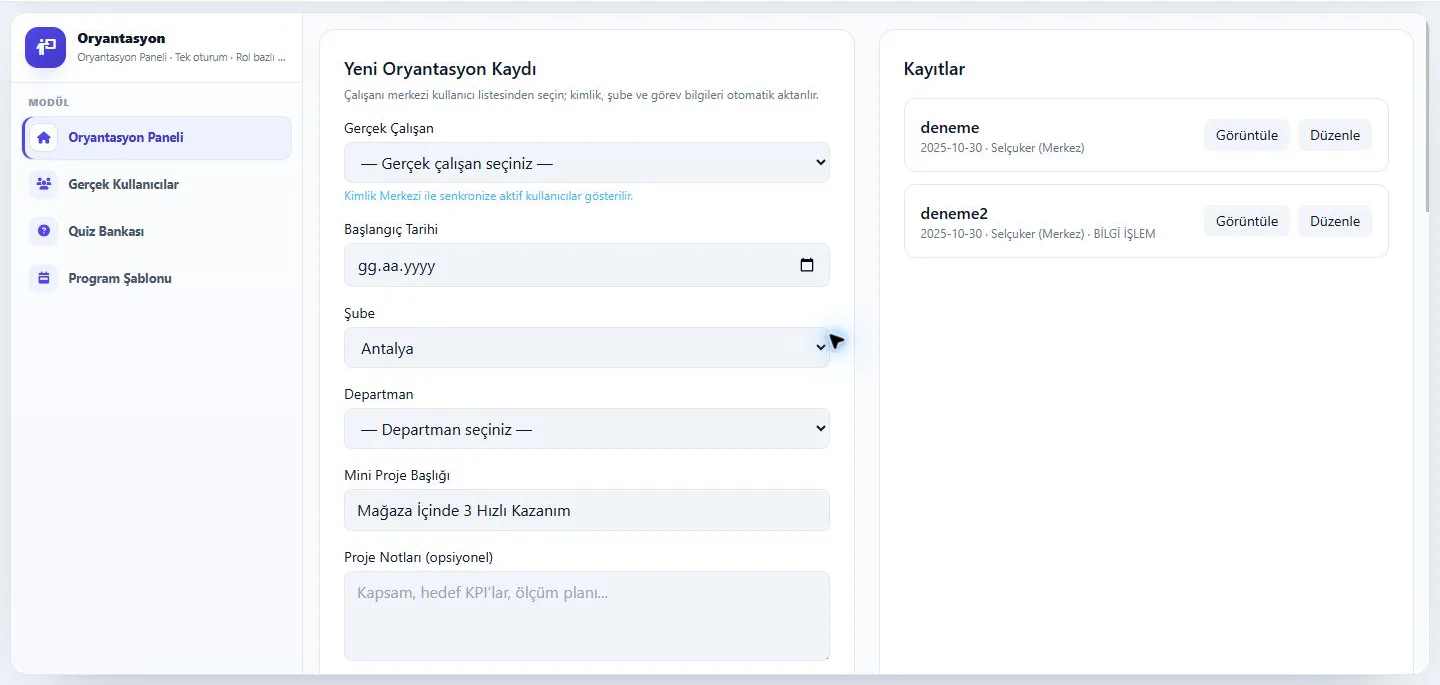 Orientation workspace for assigning employees, dates, branches, departments and practical starter projects.