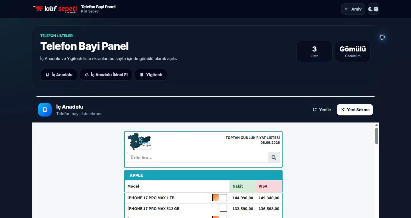 Phone dealer workspace embedding multiple current wholesale catalogue views without leaving the archive.