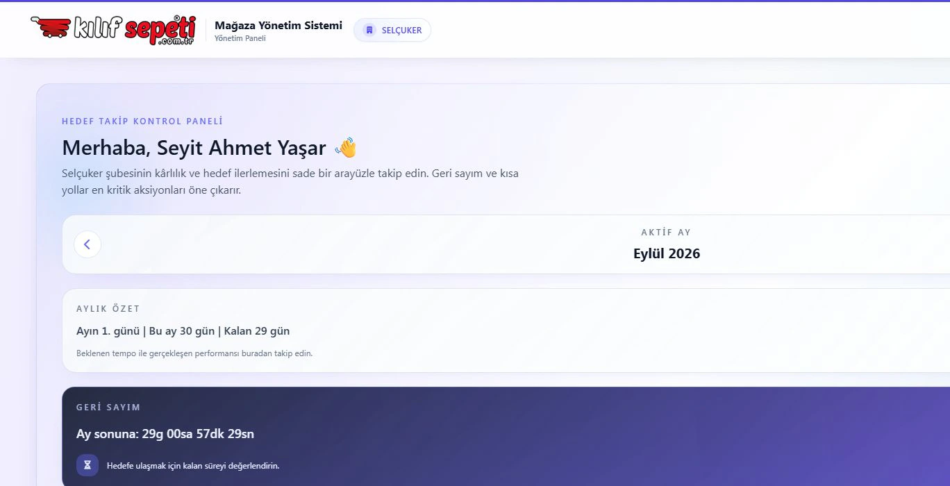 Kılıf Sepeti target tracking control panel with the active month, monthly progress and countdown.